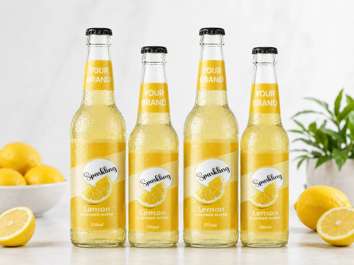 SPARKLING FLAVORED WATER Lemon 330ml, 250ml, 275ml and 200ml glass bottles